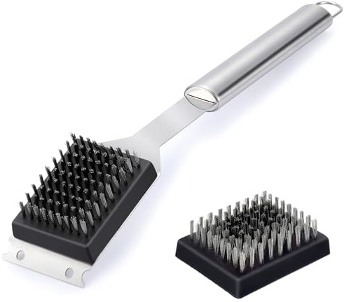 Homiflex Grillbürste Edelstahl, Grill Reinigungsbürste mit Extra Langer Griff und Edelstahl Spatel, Grillbürste mit Ersatzbürstenkopf für Gussrost, Grillrost, und Gasgrill usw