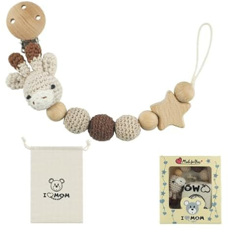 Schnullerkette, Regerly Baby Schnullerkette Clip Holz Handgemachte Schnullerkette Individuelles Geschenk für Jungen & Mädchen(Sikahirsch)
