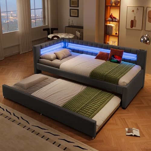 MYBOO Polsterbett Schlafsofa 90x200, Einzelbett mit Ausziehbett, LED-Licht und USB-Ladefunktion, Funktionsbett Tagesbett Jugendbett Bettgestell Gästebett mit Lattenrost, Leinen, Ohne Matratze, Grau