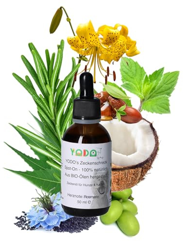 YODO’s Zeckenschreck, 100% natürlicher Zeckenschutz, Zeckenöl für Hunde und Katzen zur Zeckenabwehr aus 7 hochwertigen Bio-Ölen hergestellt, 50ml Rosmarin