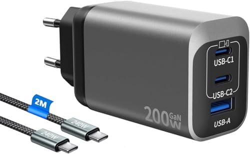 USB C Ladegerät 200W, Laptop Schnellladegerät mit 2M SchnellLadekabel, GaN 3-Port Mehrfach Netzteil Laptop USB Charger Power Adapte kompatibel mit MacBook Pro 16/15/14/13 Zoll/iPhone 16 Pro Max/16/15