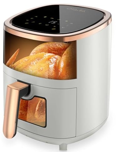 Heißluftfritteuse 6 L Für 3-5 Personen Perfekt Für Fleischliebhaber Mit Max. Einstellbarer Temperaturregelung & 24-Stunden-Timer Leise Antihaftkorb & Crisp-Platte Weiß