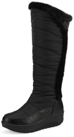 TNMIUH Botas de Invierno para Mujer con Forro de Piel Sintética, Impermeable, Caña Alta, Suela Antideslizante, Plataforma Cómoda, Negro Botas de Nieve Largas,Negro,37.5 EU