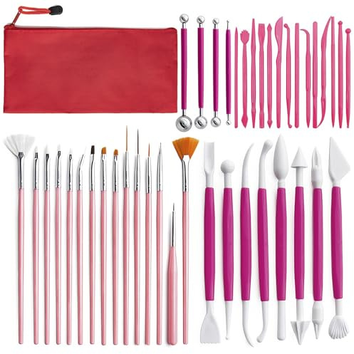 42 Pcs Air Dry Clay Tools Pottery Sculpting Polymer Clay Tools | Polymer Modeling Tools with Storage Bag for Sculpture Modelling Ceramic Embossing Pink