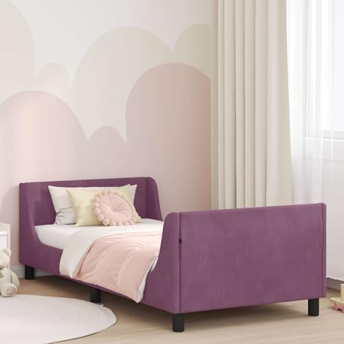 Tonture Culla con testiera, in velluto viola, 90 x 190 cm, letto singolo in robusto legno per camera da letto, con rete a doghe e spazio di archiviazione