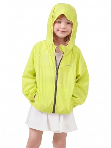 Miipat Giacca con Cappuccio da Bambina con Protezione Solare UPF50+ con Cerniera Estiva Ragazza Anti Sole Giacca Impermeabile ad Asciugatura Rapida Leggera(Neon verde,7-8Anni)