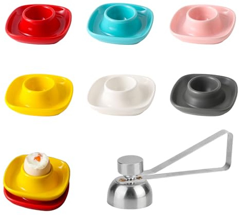 Megcdtr 6 Stück Eierbecher Porzellan mit Edelstahl Eieröffner(10×10cm) | Keramische Eierhalter, Steingut Eierbecher mit Ablage, Stapelbar Frühstück Eierhalter für Küchen Restaurants Partys Verwendet
