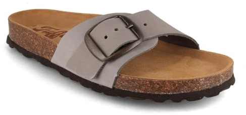 Tuffeln Leder-Sandalen Fehmarn mit weichem Korkfußbett Einschnaller Damen Pantoletten Schlappen, Hergestellt in der EU, Grau Gr. 38