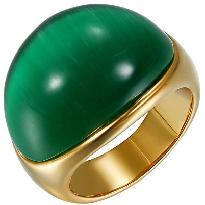 JewelryWe Schmuck Herren-Ring, Retro Edelstahl Katzenauge Stein Poliert Ring Band, Gold Grün - Größe 65