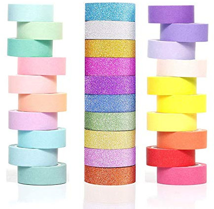 Phantomon 30 Rollen 15 mm Washi Tape Set 0,6 cm breit dekoratives Masking Tape Mehrzweck-Klebeband in solider, glitzernder Regenbogenfarben Tape DIY Nähen (Regenbogen)