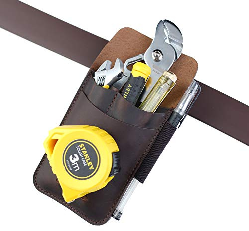 VIPERADE PJ14 Leather Tool Pouch, Tape Measure Holder, Pliers Pouch, Screwdriver Holster, 4 Pockets Organizer Sheath with 1 Tactical Pen Loop