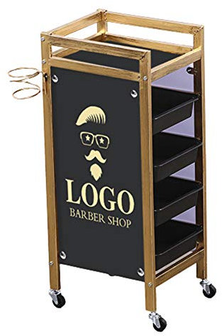 Salon Golden Retro Friseurwagen Rollen Barbier SPA Lager Wagen Färbung Tablett Multifunktional Schönheit Friseur Veranstalter Möbel Haartrocknerhalter mit ausziehbaren Schubladen,A,5 Tier