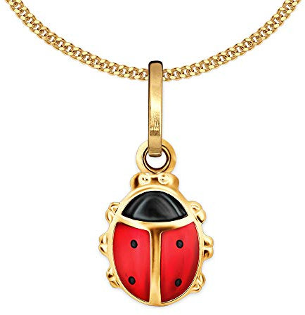 CLEVER SCHMUCK Mädchen Goldkette kleiner Marienkäfer Anhänger 9 mm rot & schwarz lackiert mit Kette Panzer 38 cm Sterling Silber 925 gold-plattiert Kinder Halskette im Schmucketui rosa