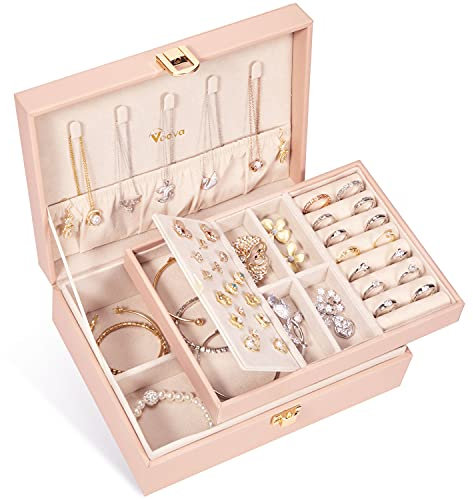 Voova Jewellery Box Organiser for Women Girls, 2 Layers Large Jewelry Storage Case, PU Leather jewlerrying Display Holder with Removable Tray for Necklace Earrings Rings Bracelets, Gifts, Pink