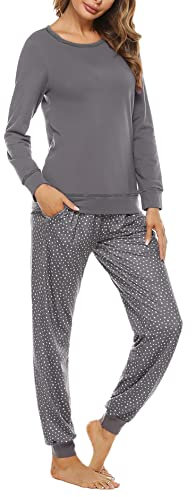 Litherday Pyjama Femme Hiver Vêtement de Nuit à Manches Longues Tenue de Nuit à Imprimé Étoiles Vêtement d'Intérieur Automne Hiver Gris XL