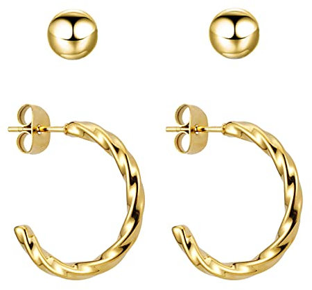 BONNYBIRD® Ohrringe Gold Creolen Damen Edelstahl Set Gedreht Geschwungen Ohrstecker Hoops Klein Frauen Wasserfest Schmuck Vergoldet Hypoallergen Chirurgenstahl Medizinisch