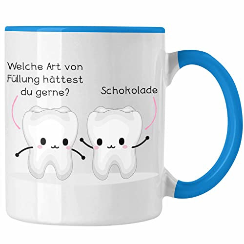 Trendation - Zahnarzt Zahnmedizinische Fachangestellte Tasse Geschenk Lustig Praxis Geschenkidee Zahnarzthelferin Zahntechniker Zahnärztin Lustiger Spruch (Blau)