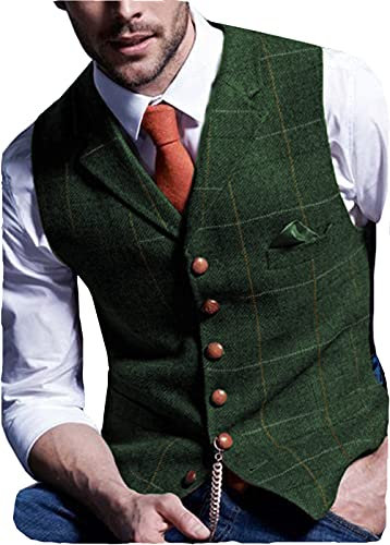 HSLS Gilet à carreaux pour hommes gilet de costume en laine décontracté tweed à chevrons(L,Vert)