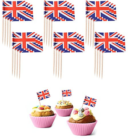 110 Stück Union Jack Zahnstocher, Partyzubehör, für Sandwichflaggen, Cupcake, Grillen und Cocktailstäbchen, königliche Event-Dekoration.