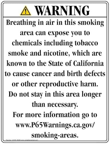 ComplianceSigns.com California Prop 65 Smoking Area Warnschild, 27,9 x 21,6 cm, Kunststoff für chemische Gefahrstoffe