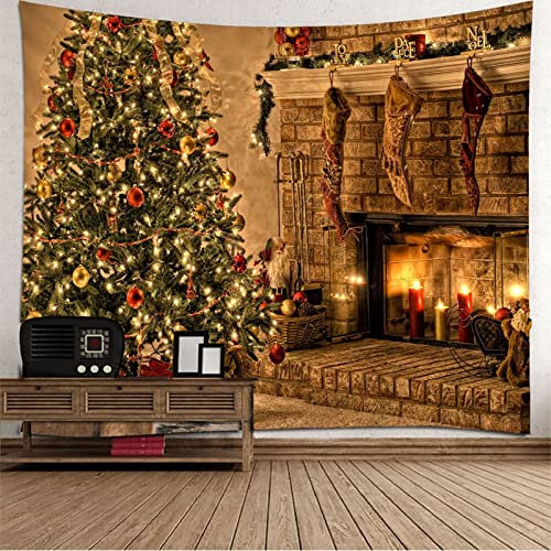 EHOMERY Weihnachten Wandteppich Quer Tapisserie Kunst Weihnachtsbaum Socken Kerze Wandbehang Quilt Wanddecke Muster Mehrfarben Weihnachtsdekoration 260X240Cm