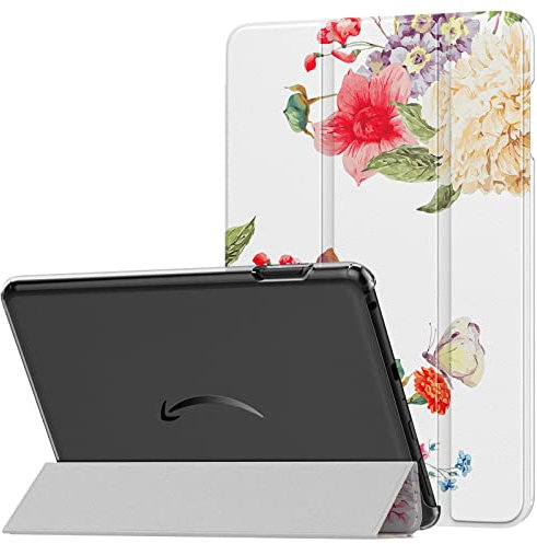 MoKo Case Fits Amazon Kindle Fire HD 8 & 8 Plus Tablet(12/10th Gen,2024/2022/2020),PU Leather Trifold Stand Cover with Translucent Frosted Backshell with Auto Wake/Sleep Function, Red & Yellow Peony