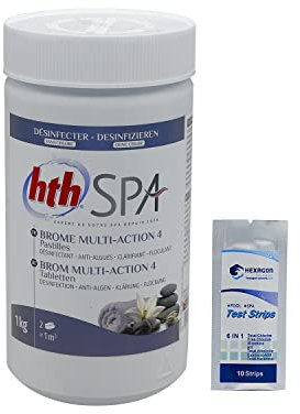 HTH Spa Brom Multi-Action 4 Tabletten 20 g – 1 kg | Langsames Multiaktion-Brom – regelmäßige Desinfektion Multifunktional – Langsame Auflösung + 10 HPS-Tests gratis 6 in 1