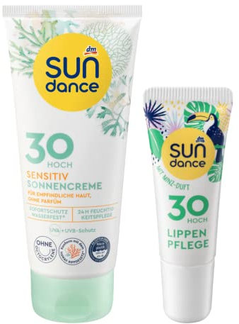 SUNDANCE 2er-Set Sonnenschutz: Sonnencreme SENSITIV LSF 30 für empfindliche Haut mit UVA+UVB-Schutz, ohne Octocrylene & Parfüm (100 ml) + Lippenpflege MINZE LSF 30 (10 ml), 110 ml