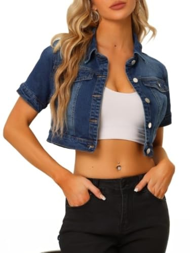 Allegra K Casual Denim Jacket Women Short Sleeves Crop Jean Denim Jacket | Cropped Length For Flattering Silhouette, Button-Front Closure, Music Festivals, Daily Outings