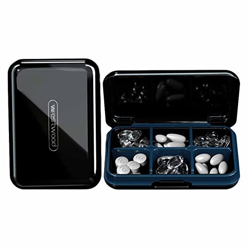 Koomuao 1 Stück Tragbares Tablettenbox Kleine,Pillen-Organizer,Tragbare tägliche Pillenbox,Reise Ein Tag Pillendose,Medikamentenbox Pillenbox für Reise & täglichen Gebrauch (Schwarz-6 Fächer)