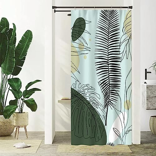 Rideau Douche Vert, Uiiooazy Rideau de Douche Étroit 90x180cm Anti Moisissure Tropical Abstrait Feuilles de Palmier Rideaux de Baignoire Tissu Lavable Imperméable Rideaux Salle de Bain avec 6 Crochets