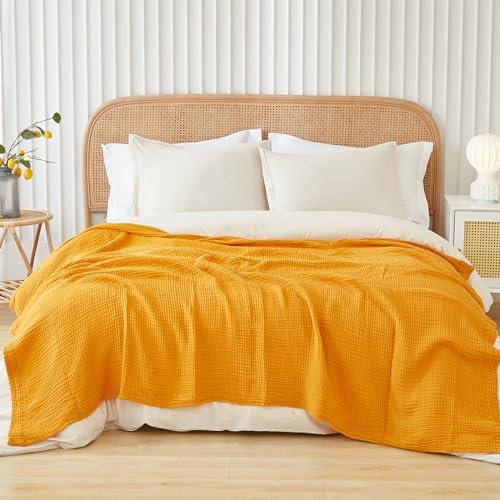 EMME Baumwolldecke 100% Musselin Decke Erwachsene 228 x 228 cm, Sofadecken Atmungsaktive Weiche Groß Decke Alle Jahreszeiten Vorgewaschen Couch Decken Baumwolle Tagesdecke,Senfgelb