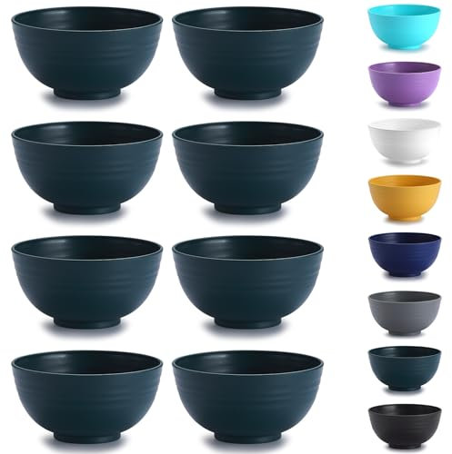 Kyraton tazón de cereales de plástico en 8 piezas, Tazón liviano irrompible y reutilizable para sopa de fideos de arroz, ensalada, ensalada, fruta, apto para lavavajillas