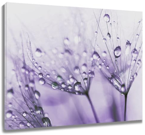 LB Wandbilder Löwenzahn Blume Wanddruck Wassertropfen auf Blumen Leinwand Bilder Lila rustikale Szenerie Poster für Wohnzimmer Schlafzimmer Badezimmer Wand Deko,40x30cm Ungerahmt