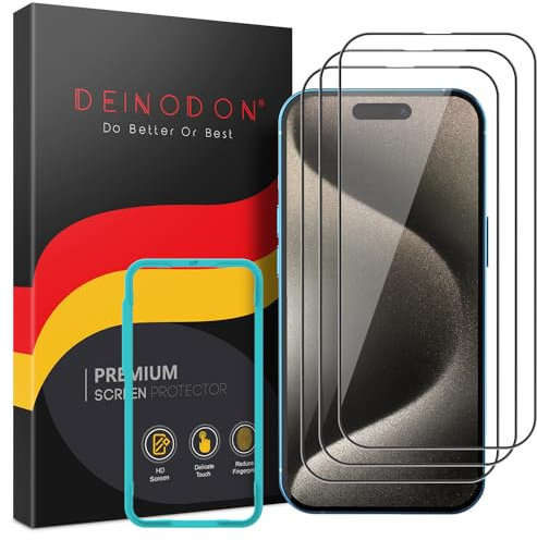 DEINODON Premium für Panzerglas für iPhone 15 Pro Max [Full Screen], [Auto-Installation] 100% Ohne Blasen, Ultra Hart 9H+ Schutzglas Stoßfest Kratzfest Hüllenfreundlich Keine Fingerabdrücke, 2 Stück