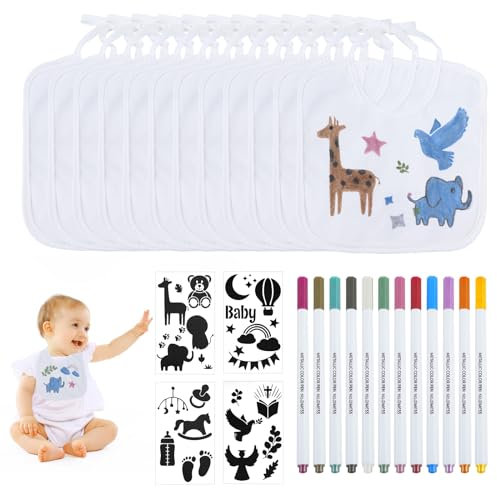 Luchild Lätzchen zum Bemalen, Weiß Lätzchen Bemalen Babyparty, Inklusive 12 Textilstiften und 4 Malen Schablonen für Kreative Gestaltung Ideal für Babyshower Party Geschenke