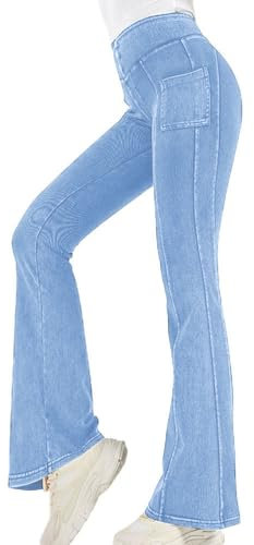 Onsoyours Jeggings Damen Stretch Bequem High Waist Bootcut Jeans Leggings mit Taschen Skinny Jeanshosen Casual Sexy Denim Jeggings Yogahose Schlaghose B Hellblau S