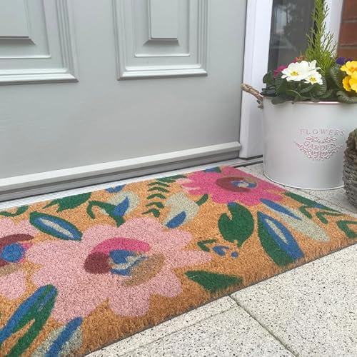 Flowers Welcome Door Mat 100% Coir Coconut Husk Sustainable Door Mats Rubber Backed Bright Floral Dirt Trapper Entrance Mat Botanical Spring Floral Watercolour Indoor Outdoor Rectangular 45cm x 75cm
