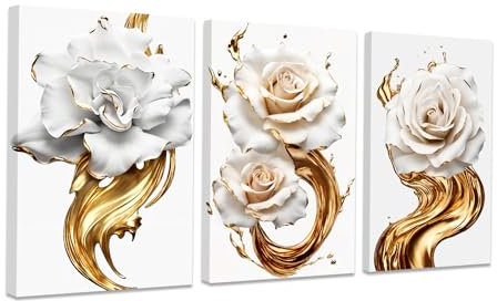 CCWACPP 3 Piece Floral Canvas Wall Art Gold And White Rose Pictures Abstract Flowers Painting Prints Modern Bedroom Living Room Home Decor Framed (B, (30x40cmx3))