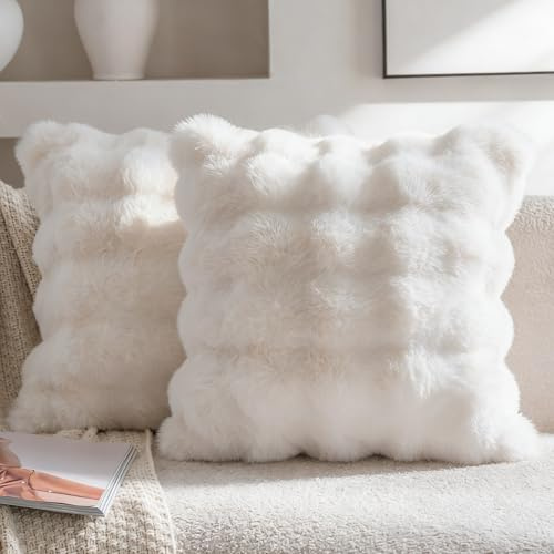 Neelvin 2er Set Decorative Kissenbezug Superweichen Plüsch Kurze Wolle Kissenhülle Luxus Zierkissenbezüge Sofakissen für Sofa Wohnzimmer Schlafzimmer 40x40cm Weiß