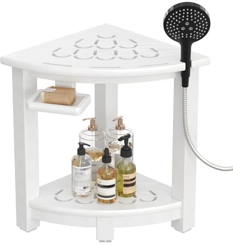 NALONE Beistelltisch Outdoor 2-Tier HDPE Duschbank mit rutschfesten Fußpolstern, hölzerner Spa Duschhocker für Innendusche, ergonomischer wasserdichter Badezimmerbanksitz mit Ablagefläche (Sektor3)