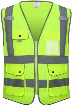 KANMORE Hi Vis Safety Vest EN ISO 20471 – High Visibility Reflective Vest with 7 Pockets & Side Hand Pockets, Zipper Front Workwear for Construction, Security & Cycling – Orange/Yellow