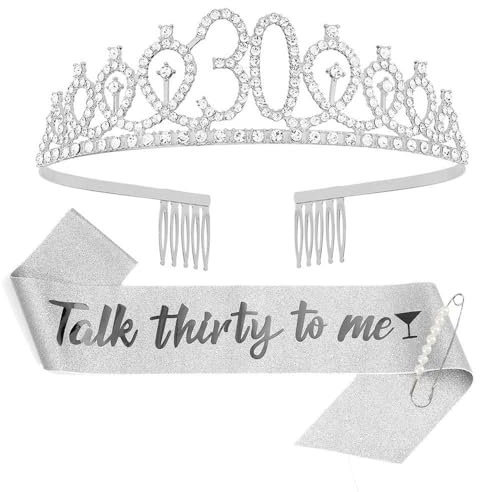 GIVBRO Diadem zum 30. Geburtstag, mit Strass-Krone, Schärpe zum 30. Geburtstag, mit Perlennadel, Party-Dekoration, Zubehör (#D)