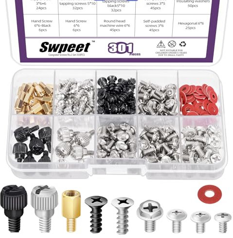 Swpeet 310Pcs Computer Screws Motherboard Standoffs Screws Assortment Kit, PC Computer Screws Kit Set for Mainboard, Hard Drive HDD Hard Drive PC Fan Power Supply DIY PC Installation & Repair
