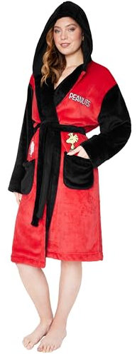 Peanuts Snoopy Damen Fleece Bademantel mit Kapuze, Kuscheliger Morgenmantel - Geschenkidee für Frauen (Rot/Schwarz, XXL)