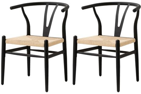 GrandCA HOME Juego de 2 Sillas de Comedor Sillas de Cocina Tejidas con cojín de Asiento de ratán y Patas de Metal, Sillas Vintage para Cocina, Comedor,Negro