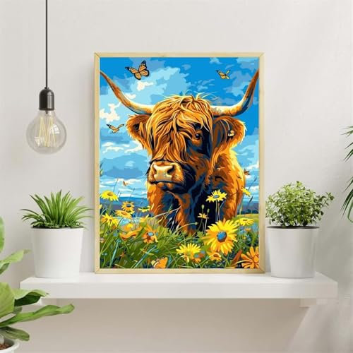 Malen Nach Zahlen Erwachsene Tier Kuh,DIY Blume Paint by Numbers mit Pinseln und Acrylfarbe,Handgemalt Ölgemälde Leinwand Kit für Home Décor Mit Rahmen(55x70cm)
