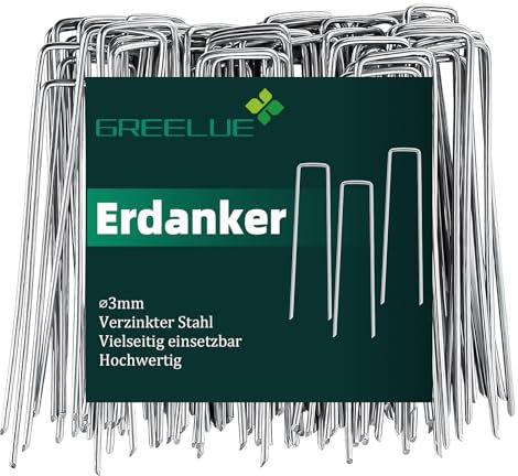 GREELUE 25 Stück Ø3mm Erdanker Bodenanker, 150x25mm Verzinkter Stahl Anti-Rost Erdnägel für Unkrautvlies Gartenvlies Camping