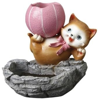 KUKUUU Pot de Fleurs succulentes en résine représentant Un Chat soulevant Un Ballon de Basket, décoration d'intérieur et d'extérieur avec Trou de Drainage(Brown)