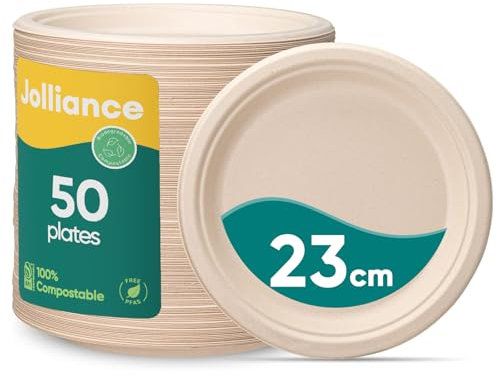 Jollliance 100% kompostierbare Pappteller, Heavy Duty Einwegteller 9 Zoll/23 CM 50er Pack - Hergestellt aus Zuckerrohr Bagasse Faser, Braun Einwegteller, Biologisch abbaubar